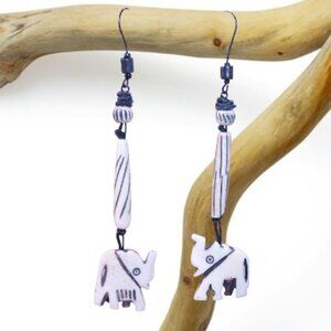 Handmade Long Elephant Earrings 4 1/2” Creamy Off White & Black Carved Bone